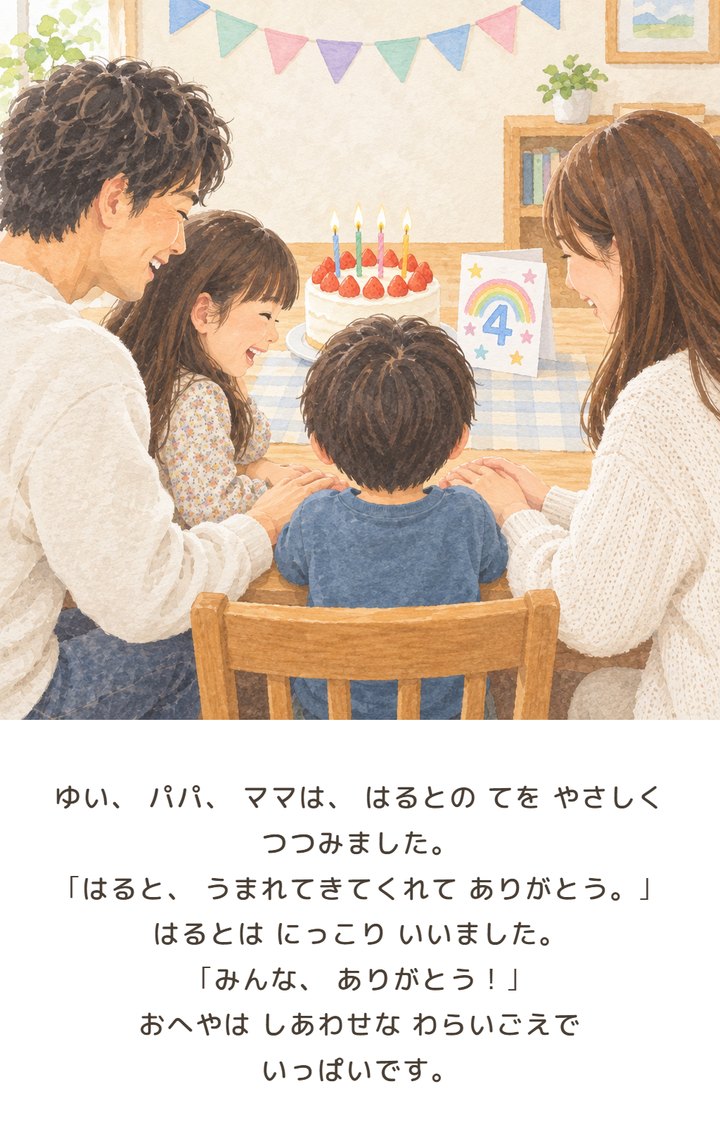 サンプルページ:家族みんなで手をつつむ最後の場面