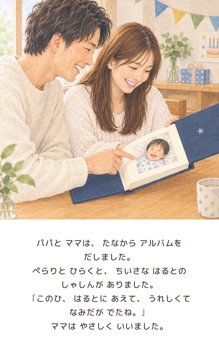 サンプルページ:パパとママがアルバムを開く場面