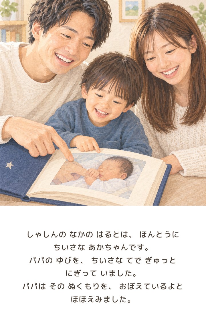 サンプルページ:赤ちゃんのころの写真を見る場面