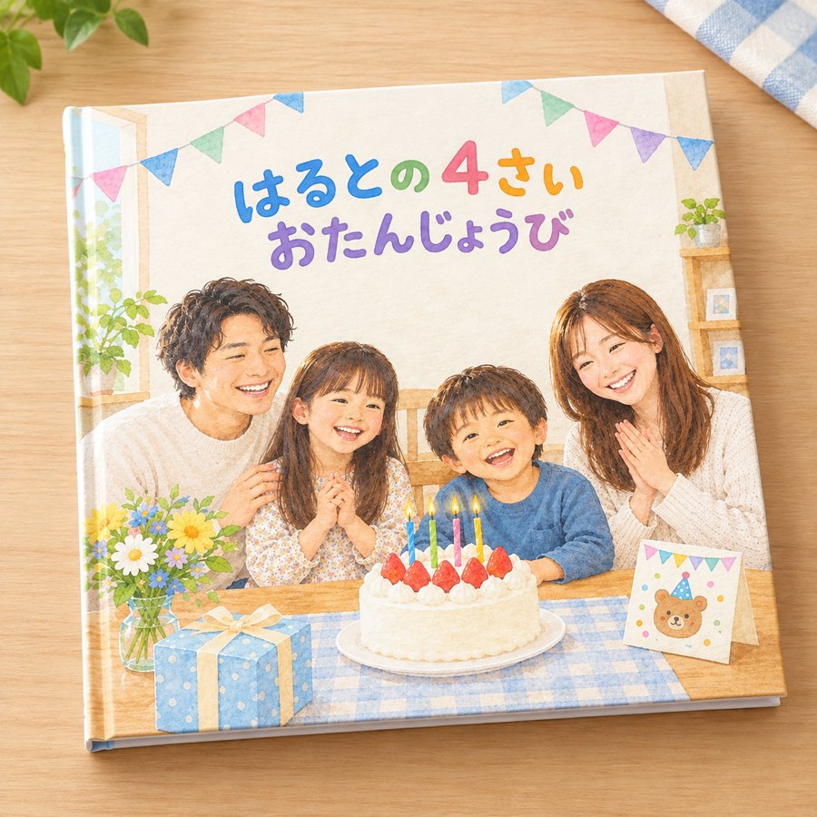 ハードカバー製本の絵本「はるとの4さいおたんじょうび」