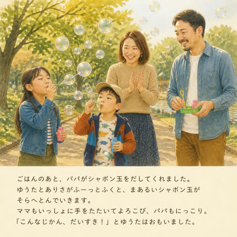 サンプルページ：家族でシャボン玉をする場面