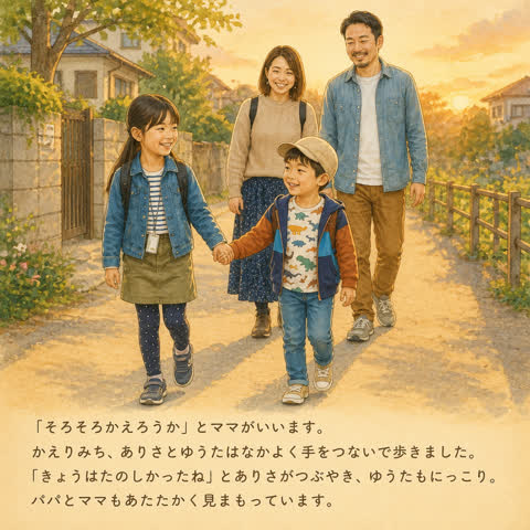 サンプルページ：夕方に手をつないで帰る場面